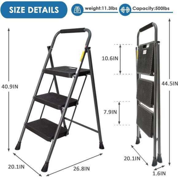 3 Step Ladder, GOLYTON Folding Step Stool with Anti-Slip Wide Pedal &  Handgrip - Picture 5 of 7